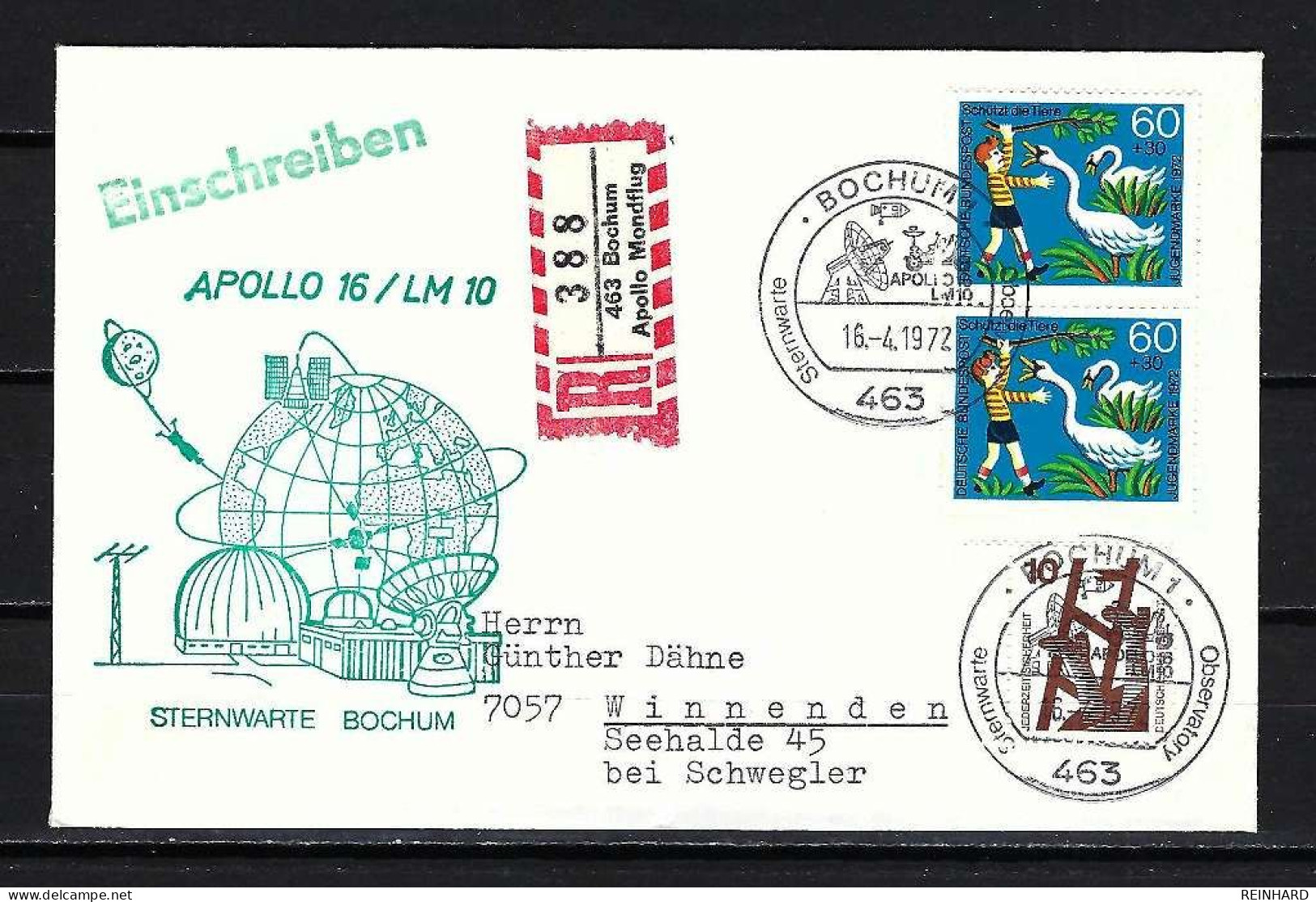 BUND Beleg Sternwarte Bochum Apollo 16/ LM 10 Stempel 16.4.1972 - Siehe Bild - Europa