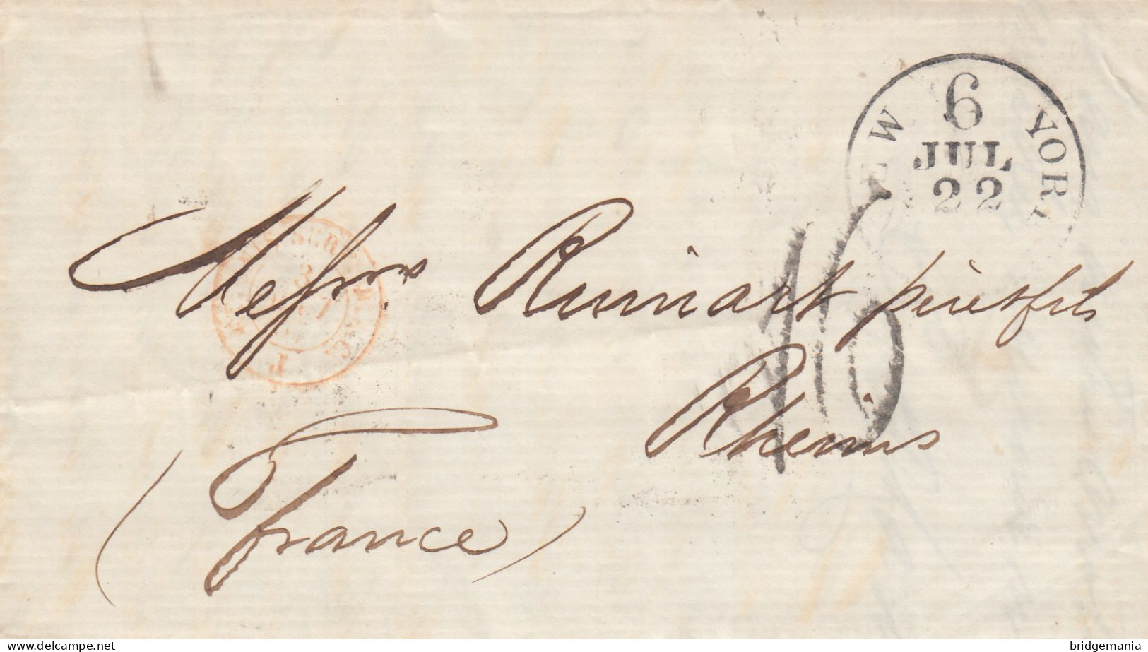 MTM079 - 1857 TRANSATLANTIC LETTER USA TO FRANCE Steamer ARABIA - UNPAID 2 RATE - Storia Postale