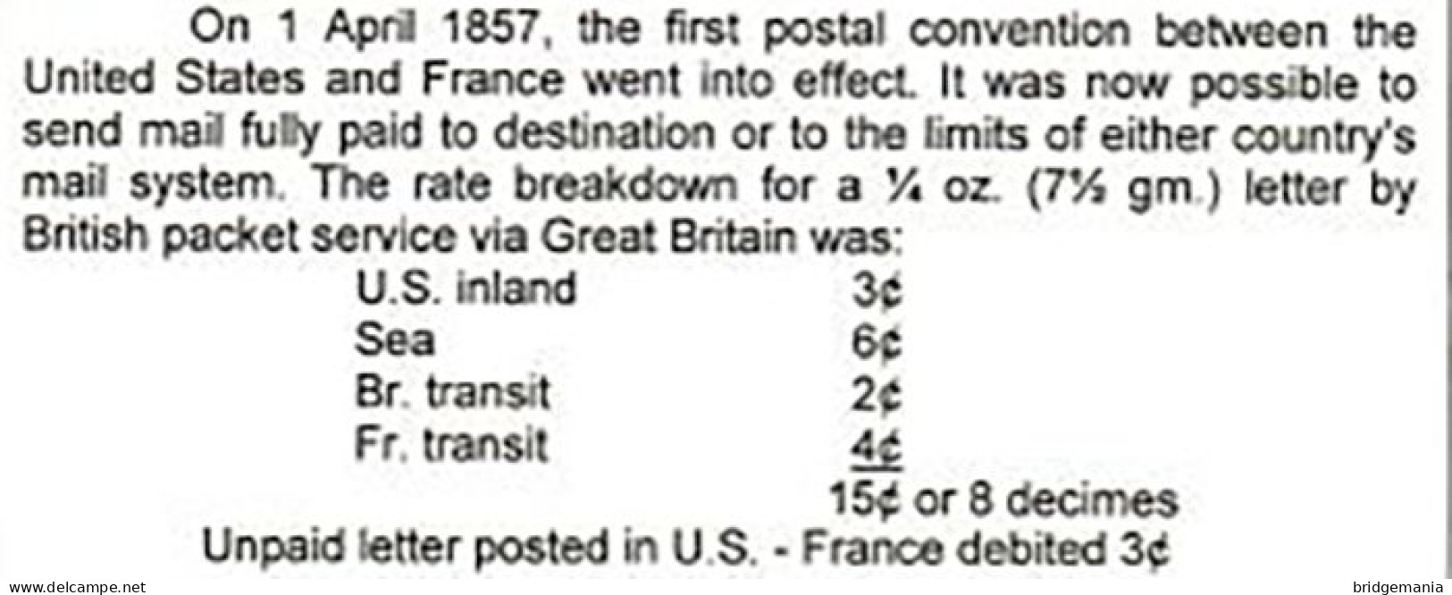 MTM079 - 1857 TRANSATLANTIC LETTER USA TO FRANCE Steamer ARABIA - UNPAID 2 RATE - Storia Postale