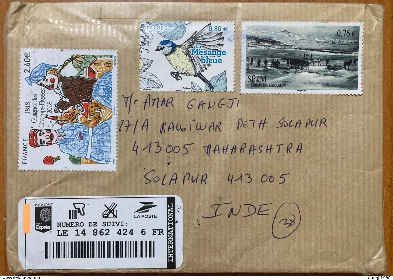 FRANCE SP&M COMBO 2024, COVER USED TO INDIA, EXPRESS LABEL, 2015 TRANSPORT, 2018 BIRD, PUPPET THEATRE, GUIGNOL DES CHAMP - Lettres & Documents