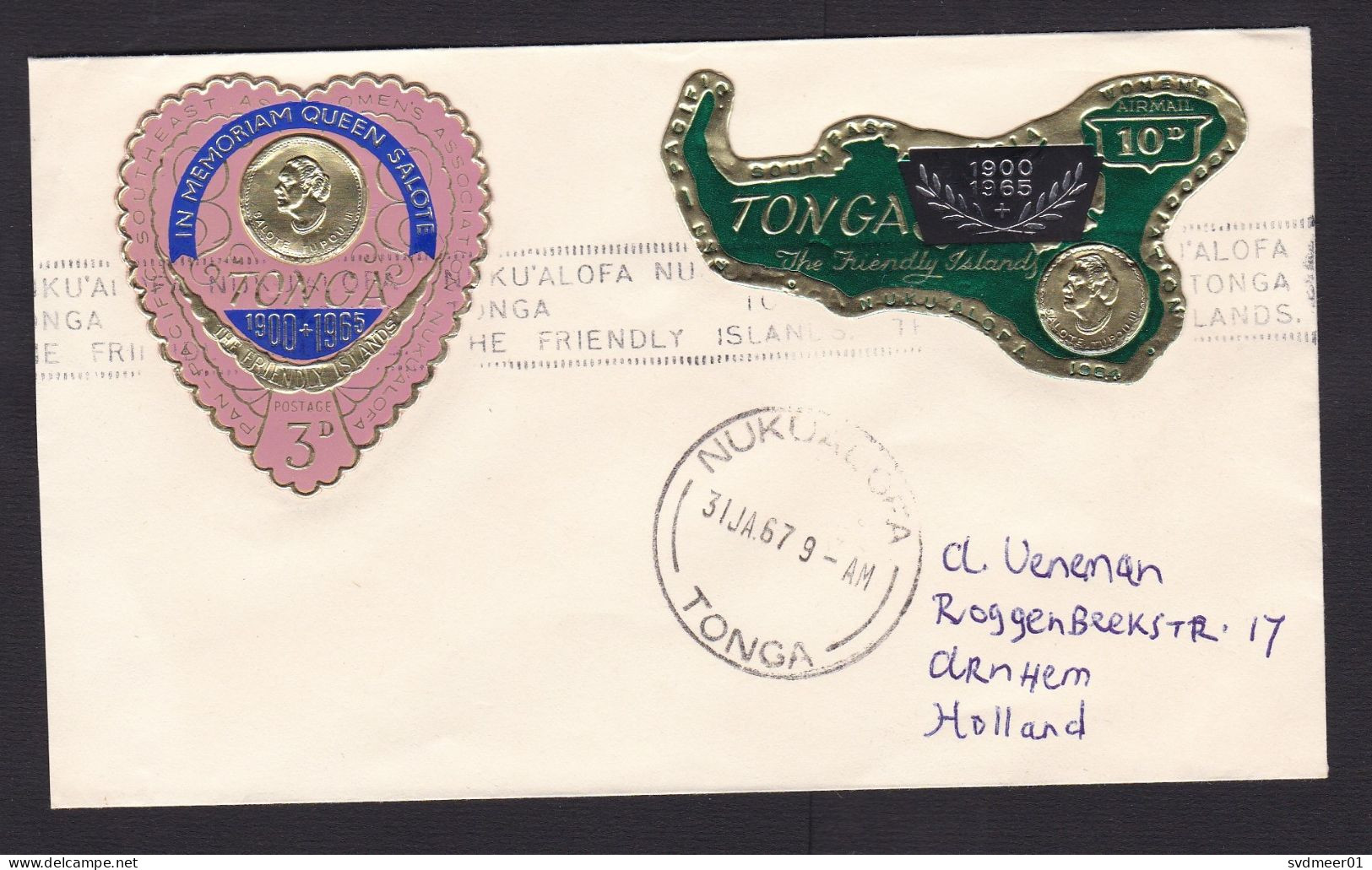 Tonga: Cover To Netherlands, 1967, 2 Stamps, Odd-shaped, Map, Coin Money, Heart, Queen, Women Assocation (traces Of Use) - Tonga (1970-...)