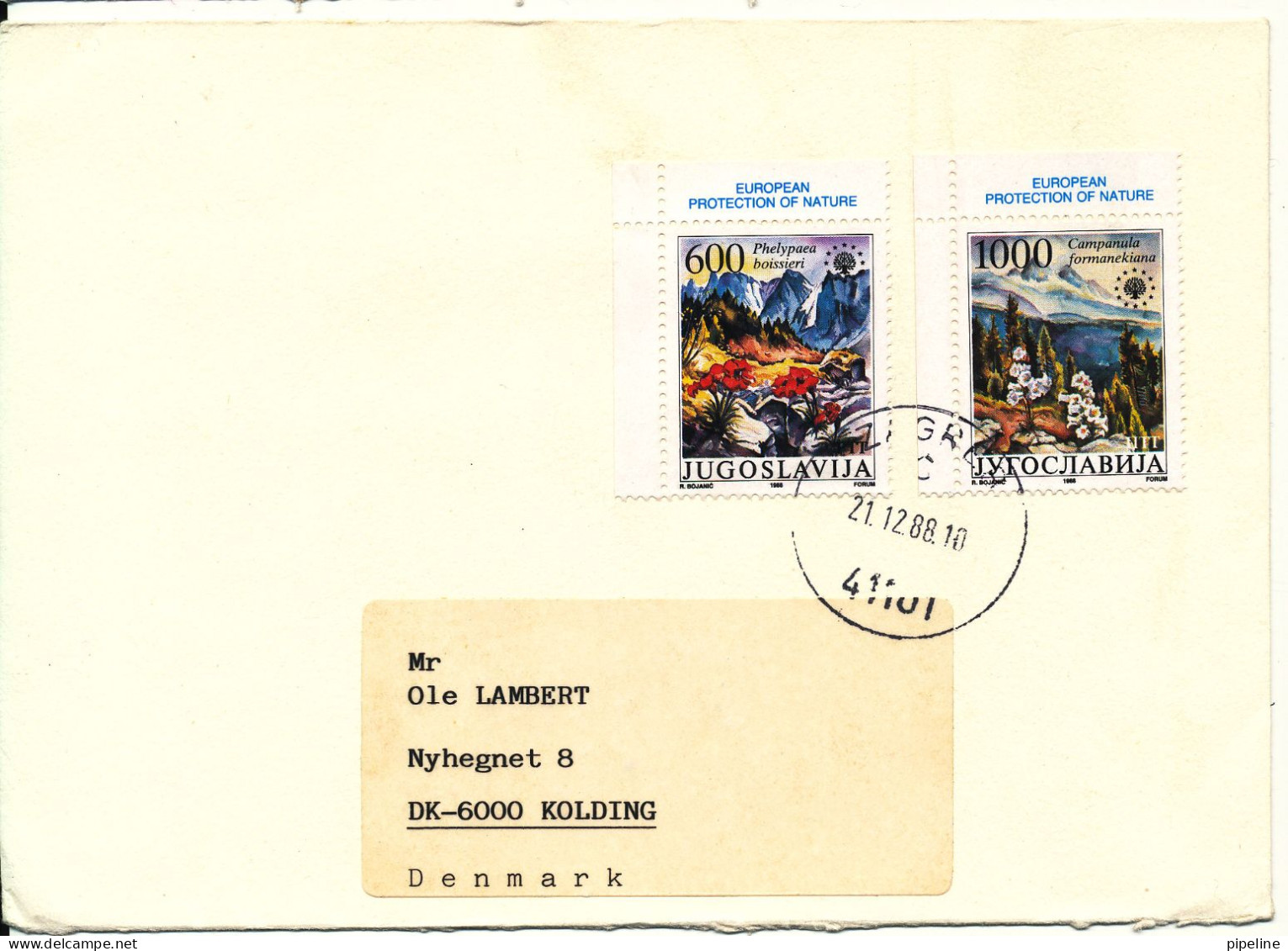 Yugoslavia Cover Sent To Denmark 21-12-1988 With Complete Set European Protection Of Nature - Storia Postale