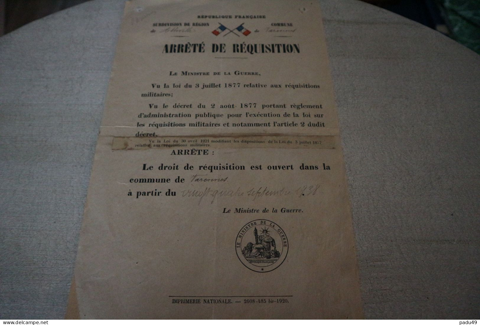 ARRETE DE REQUISITION SUBDIVISION DE REGION  ABBEVILLE COMMUNE DE VARENNES (1938) - 1939-45