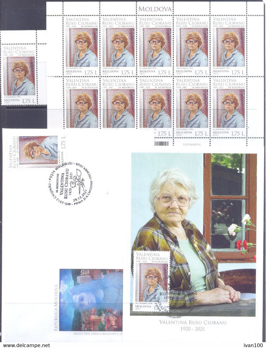 2021. Moldova, Valentina Rusu Ciobanu, Painter, In Memorium,1v + Sheetlet + FDC + Maxicard,  Mint/** - Moldavie