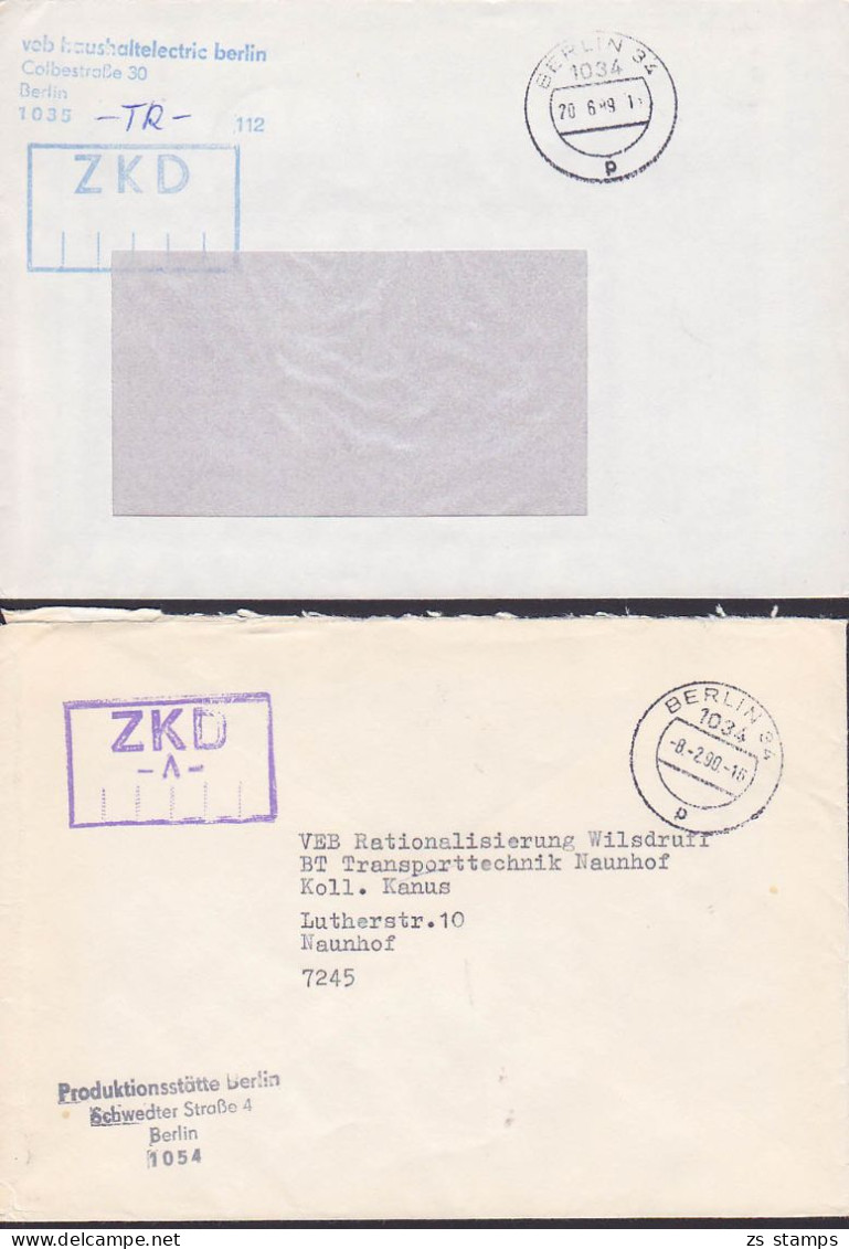 BERLIN Zwei ZKD-St. Produktionsstätte Kb -A- 8.2.90, Haushaltelectric -TR- 20.6.89 - Storia Postale