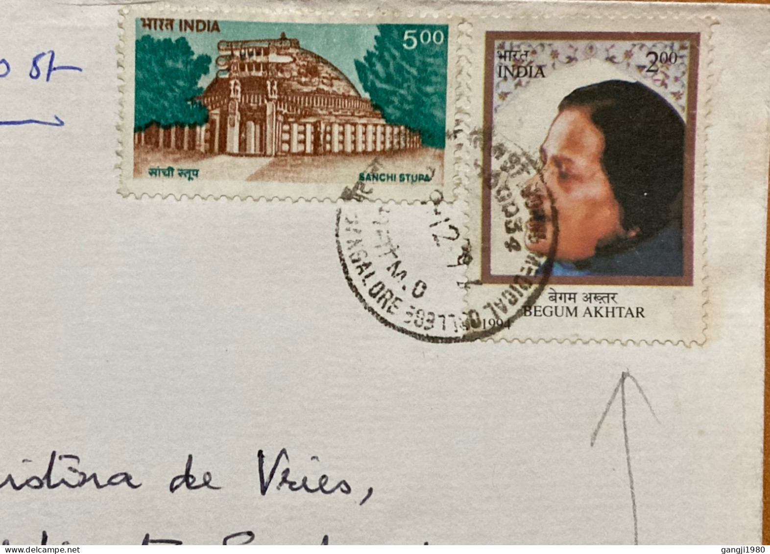 INDIA 1994, COVER USED TO NETHERLANDS, WITHDRAWN STAMP BEGUM AKHTAR, & SANCHI STUPA, RARE USE ON COVER, BANGALORE CITY C - Storia Postale