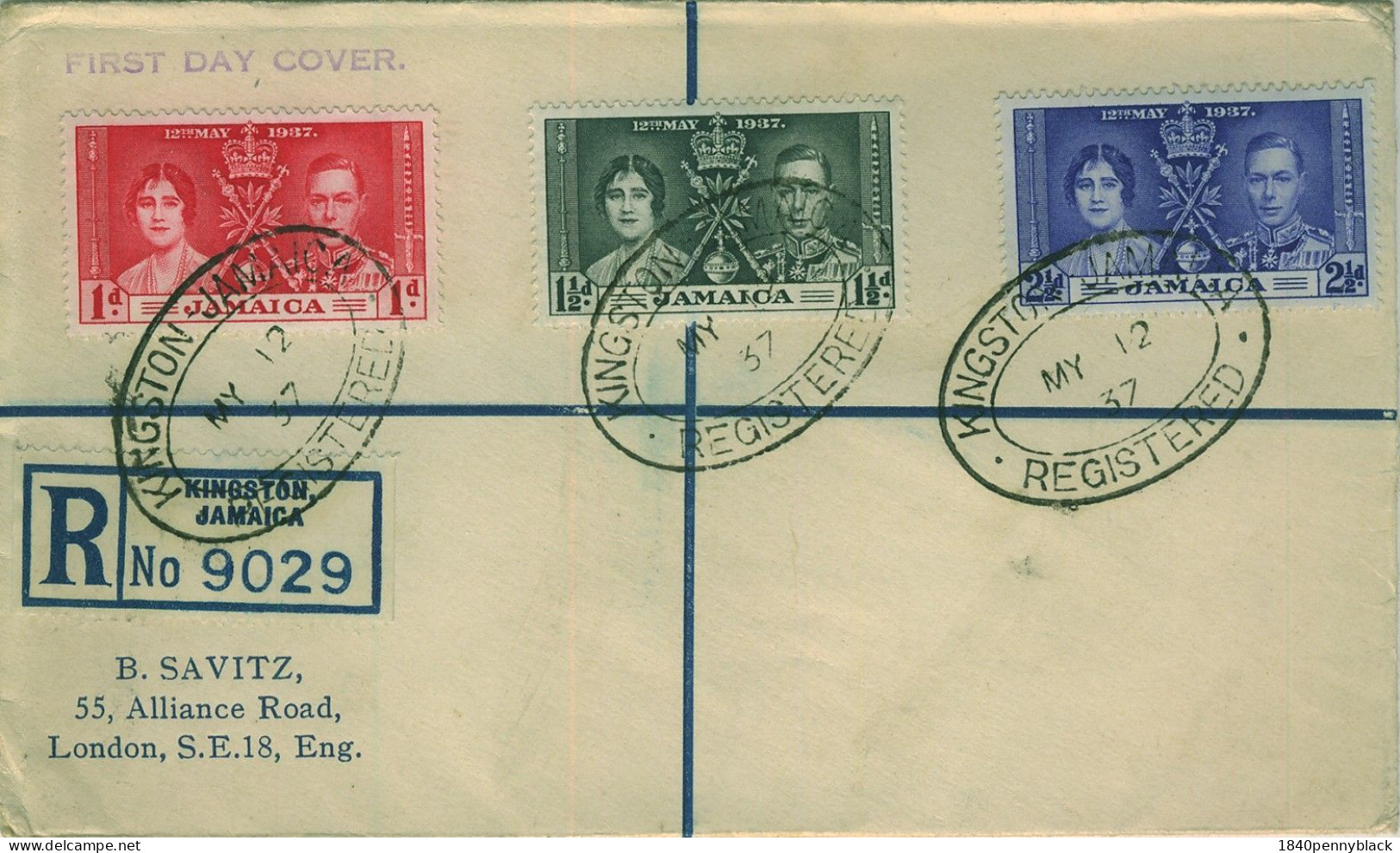 JAMAICA KGVI 1937 Coronation SG  118-20 On Registered First Day Cover To London - Jamaïque (...-1961)