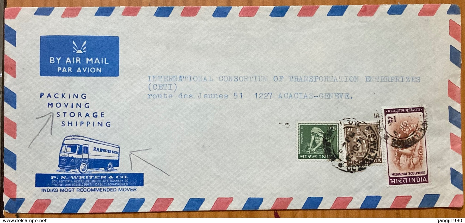 INDIA 1971, COVER USED TO SWITZERLAND, ADVERTISING WRITER & CO, BUS PICTURE, PACKING, MOVING & STORAGE, SHIPPING SERVICE - Storia Postale