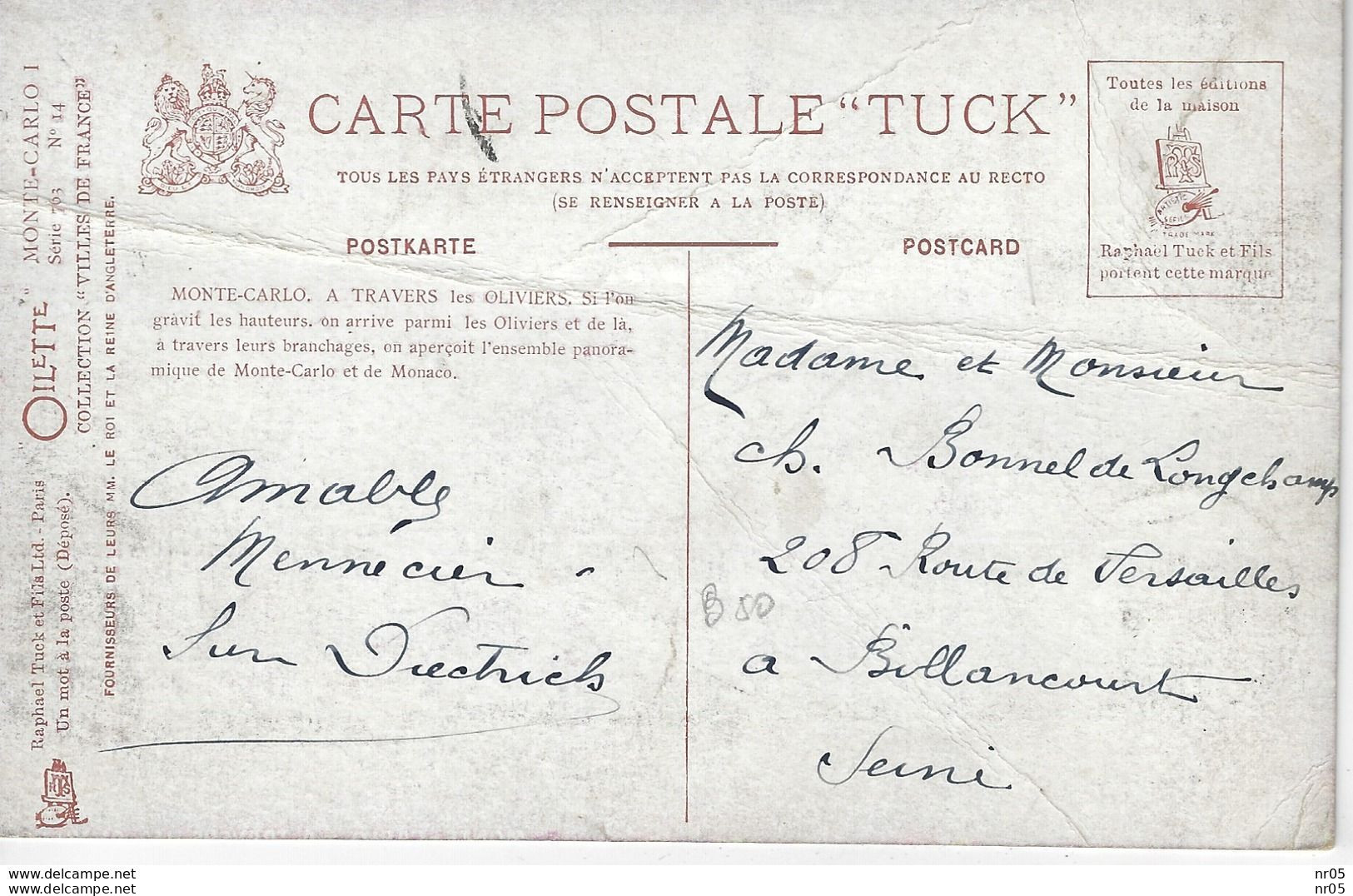 Timbre PRINCIPAUTE De MONACO Prince ALBERT 1er  Oblitere En 1907 Sur Carte Postale Raphael Tuck - Gebraucht