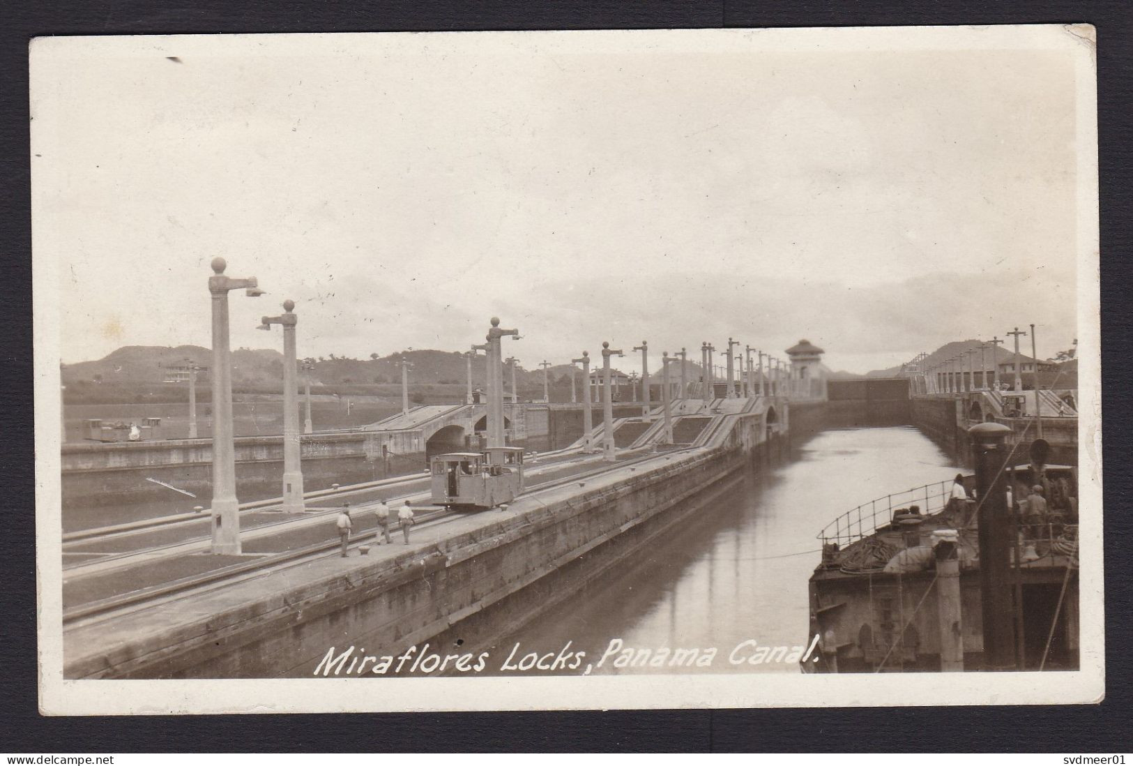 Canal Zone: Picture Postcard To USA, 1935?, 1 US Stamp Overprint, Cancel Balboa, Card: Miraflores Locks (traces Of Use) - Kanalzone