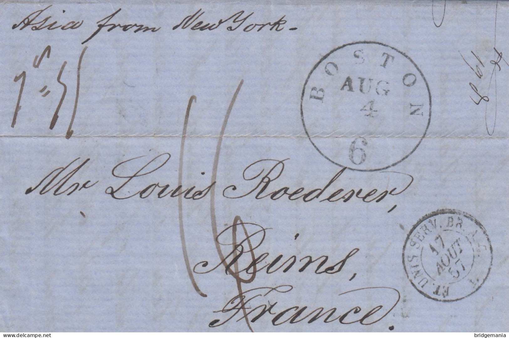 MTM081 - 1857 TRANSATLANTIC LETTER USA TO FRANCE Steamer ASIA - UNPAID 2 RATE - Marcophilie