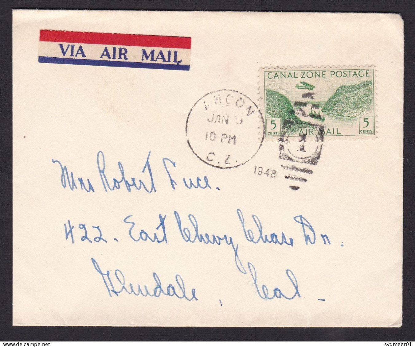 Canal Zone: Airmail Cover To USA, 1948, 1 Stamp, Landscape, Airplane, Ship, Air Label, Cancel Ancon (traces Of Use) - Kanaalzone