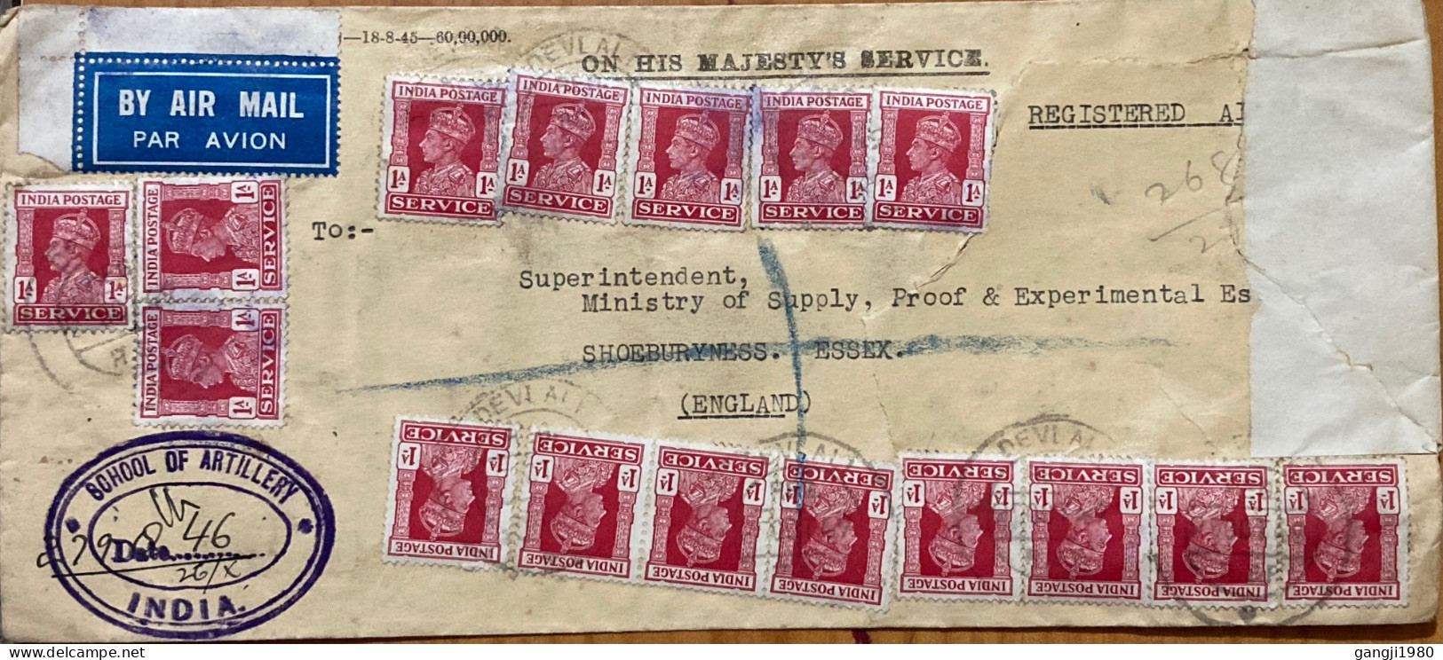 INDIA 1940, REGISTER COVER, USED TO ENGLAND, MILITARY ARMY, SCHOOL OF ARTILLERY, DEVLALI CITY CANCEL, MULTI 16 KING STAM - 1936-47  George VI