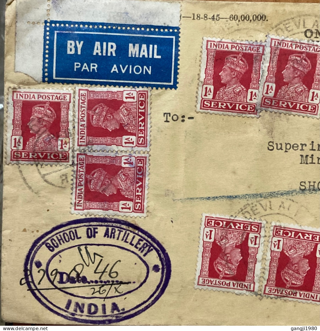 INDIA 1940, REGISTER COVER, USED TO ENGLAND, MILITARY ARMY, SCHOOL OF ARTILLERY, DEVLALI CITY CANCEL, MULTI 16 KING STAM - 1936-47 Roi Georges VI