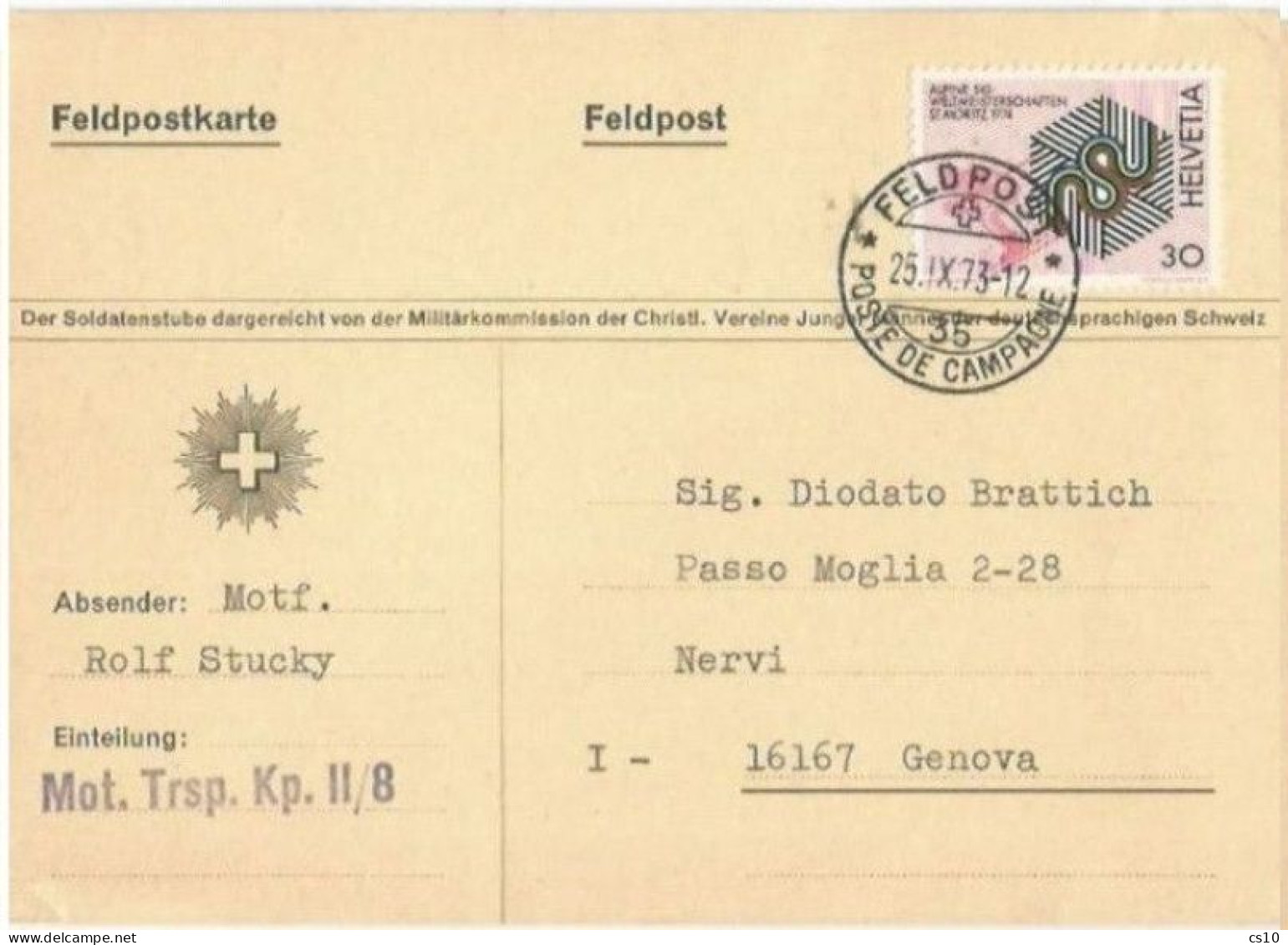 Suisse Feldpost Karte With Timbre-poste C30 Annulé Feldpost - Poste De Campagne 25nov1973 To Italy - REAL MILITAR MAIL - Dokumente