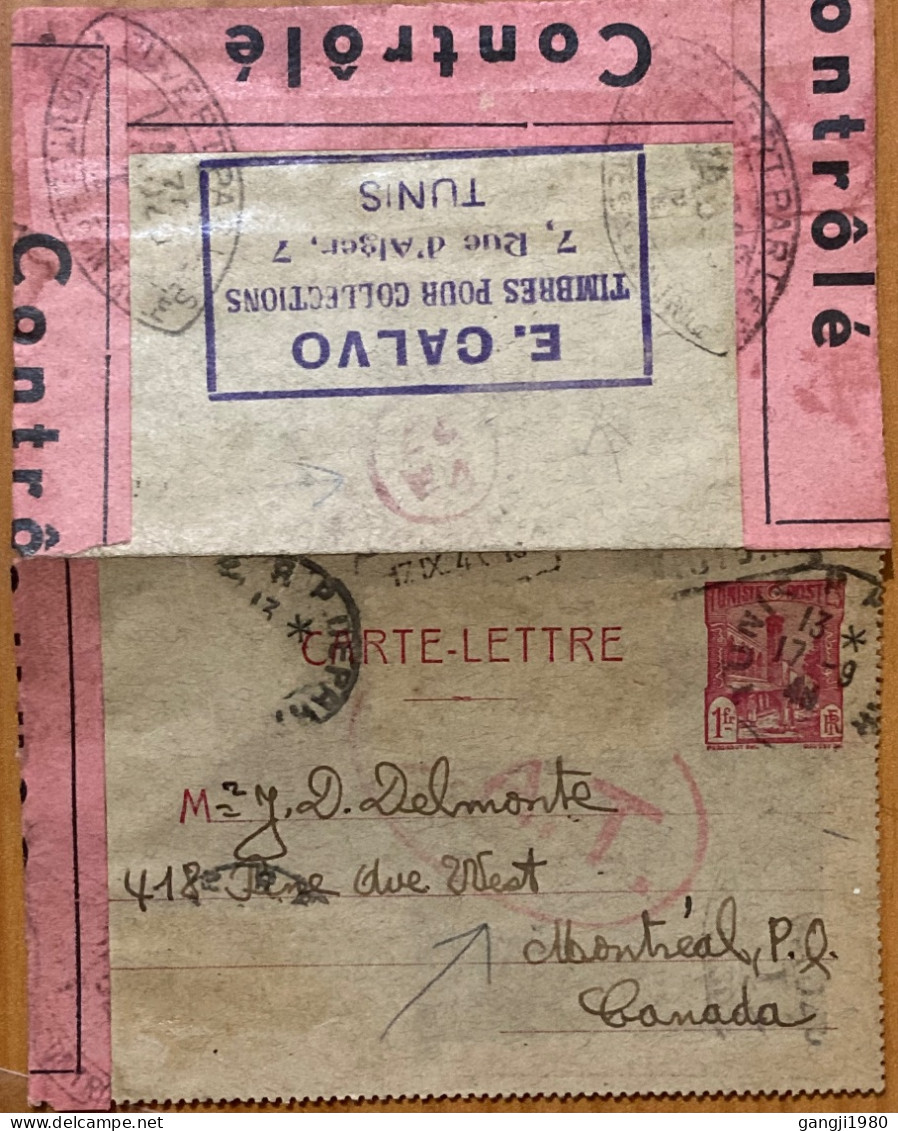 TUNISIA 1943, STATIONERY CARD, ADVERTISING  STAMP DEALER, USED TO CANADA, CENSOR TAPE & CANCEL,TUNIS CITY CANCEL - Tunisia