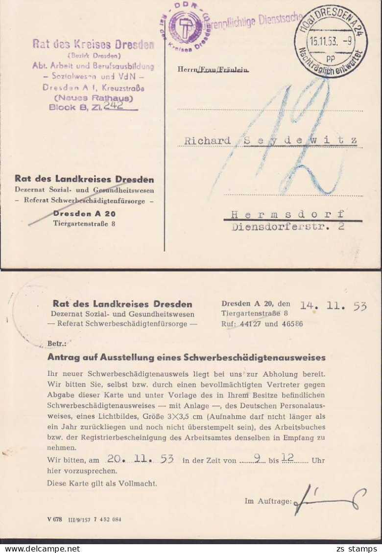 Behörde Dresden Gebührenpflichtige Dienstsache Nachgebühr Siegelstempel Hammer/Ährenkranz 1953, Dienstpost, Nachträglich - Storia Postale