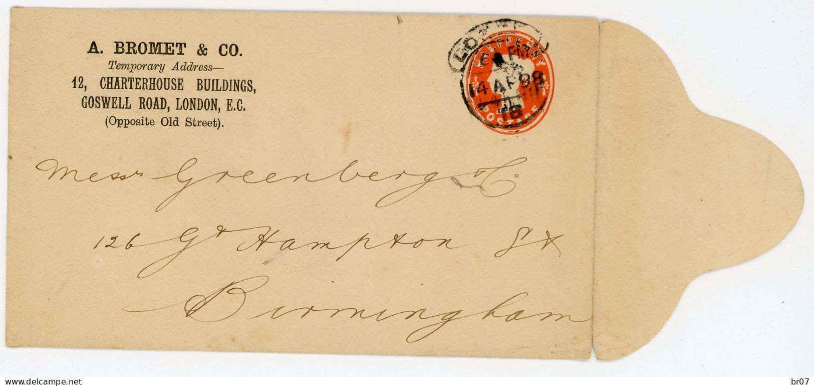 GRANDE BRETAGNE ENTIER POSTAL ENV 1898 REPIQUAGE A BROMET & CO TEMPORY ADRESS LONDON  OBLIT LONDON - Cartas & Documentos