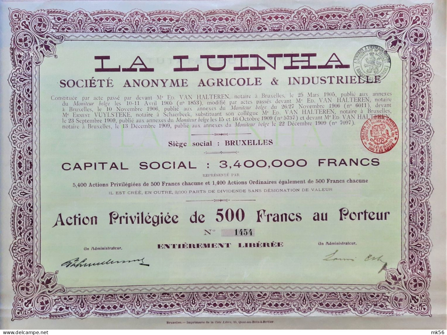 La Luinha - S.A. Agricole Et Industrielle - 1909 - Bruxelles - Action Priviligiée - Agricoltura