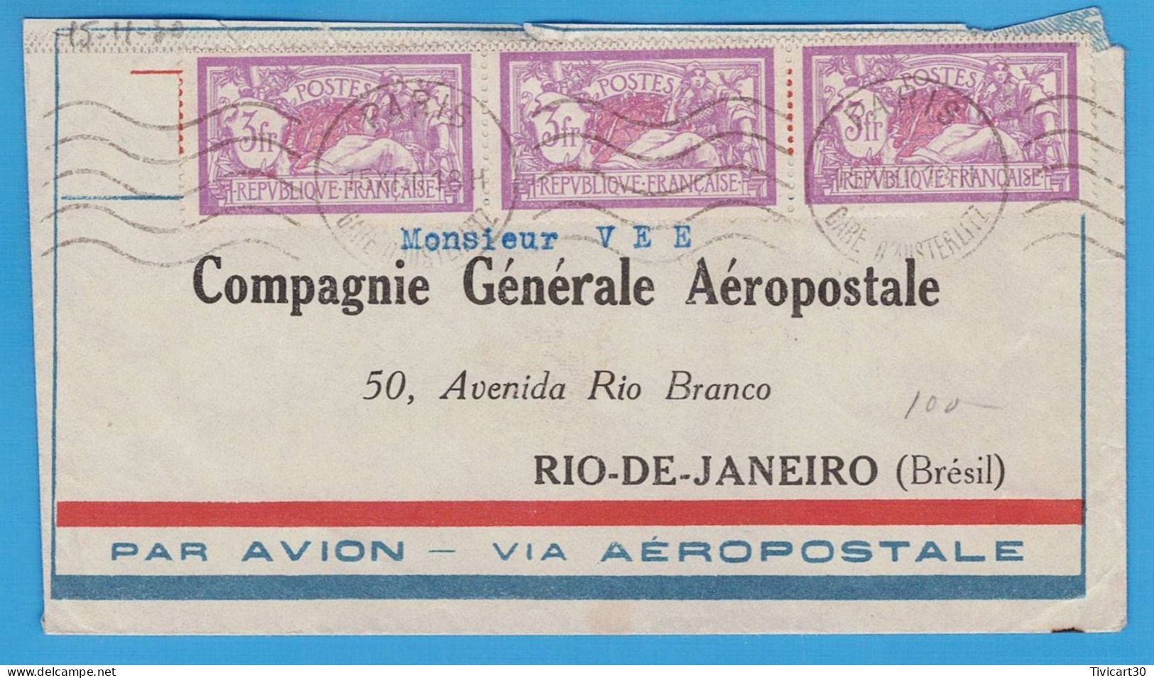 LETTRE PAR AVION VIA  AEROPOSTALE DE 1930 - PARIS RIO-DE-JANEIRO (BRESIL) - BANDE DE 3 TIMBRES 3 Fr. MERSON - 1927-1959 Briefe & Dokumente