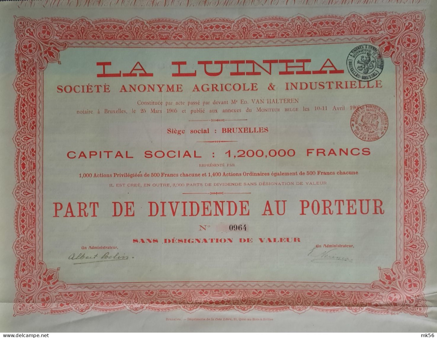La Luinha - S.A. Agricole Et Industrielle - 1905 - Bruxelles - Part De Dividende - Landbouw