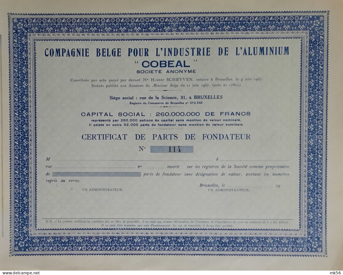 Compagnie Belge Pour L'Industrie De L'aluminium 'Cobeal' - Bruxelles - Certificat De Parts De Fondateur - Non émis -1957 - Industrial