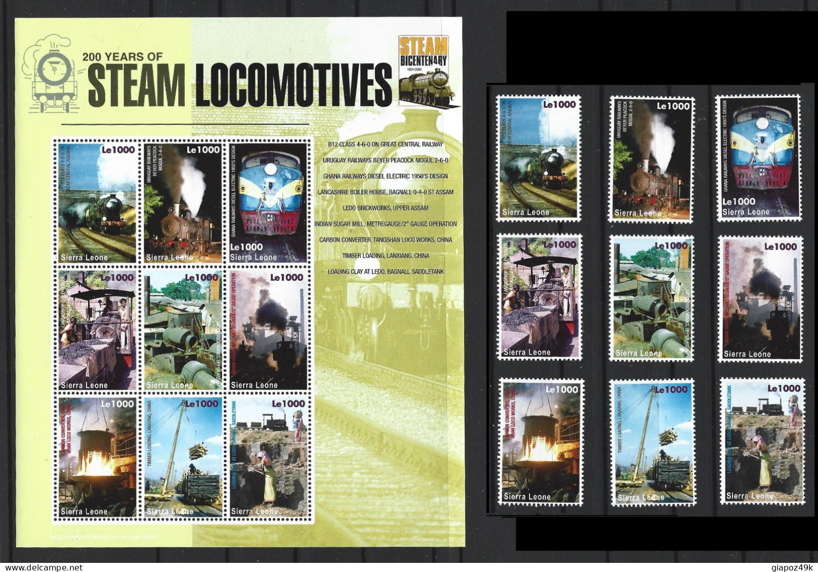 ● SIERRA LEONE 2004 ֍ 200° STEAM LOCOMOTIVES ֍ Locomotive A Vapore ● BF ** + Serie ● Lotto N. XX ● - Sierra Leone (1961-...)