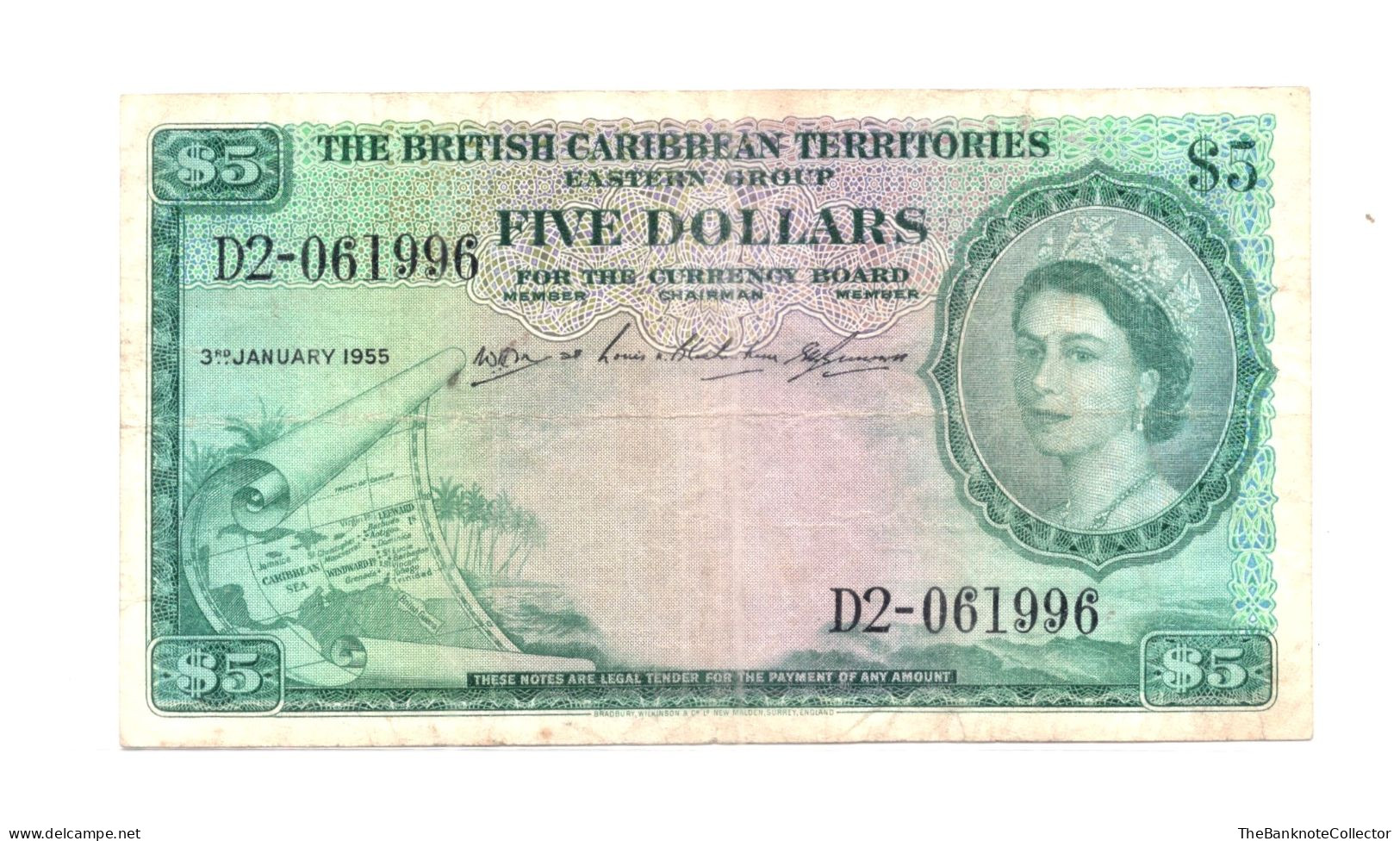 British Caribbean Territories 5 Dollars 1955 QEII P-9 Scarce Very Fine - Caraibi Orientale