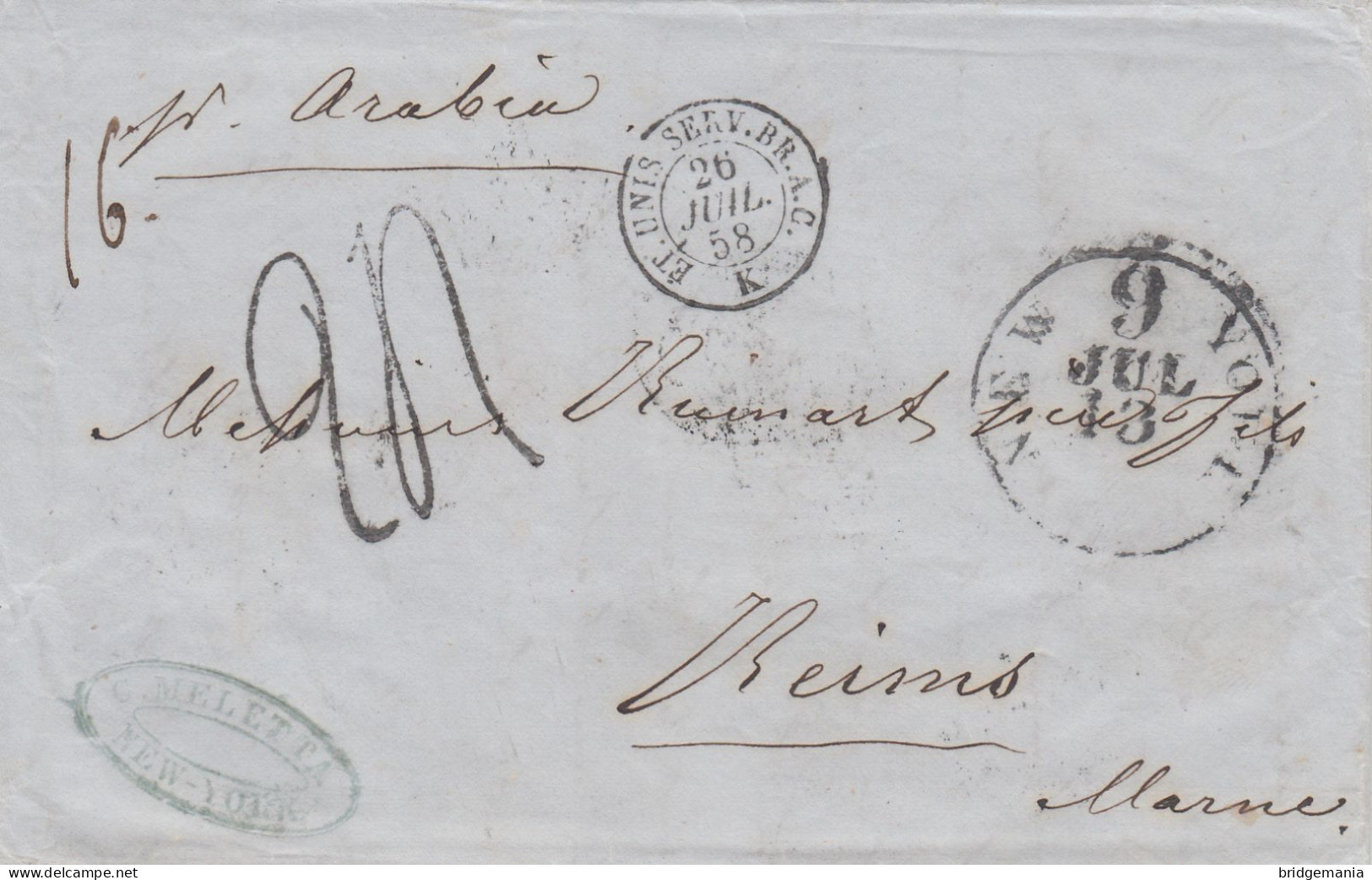 MTM085 - 1858 TRANSATLANTIC LETTER USA TO FRANCE Steamer ARABIA - UNPAID 3 RATE - Marcophilie