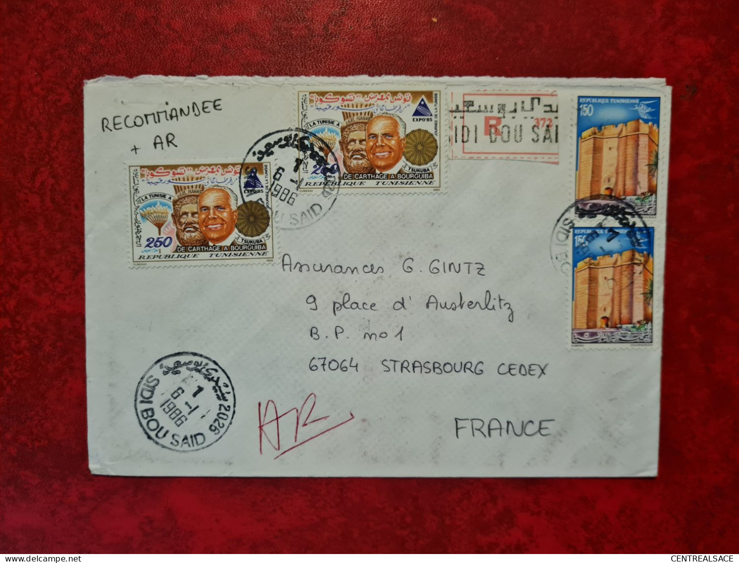 Lettre 1986 RECOMMANDE SIDI BOU SAID POUR STRASBOURG TUNISIE - Tunesië (1956-...)