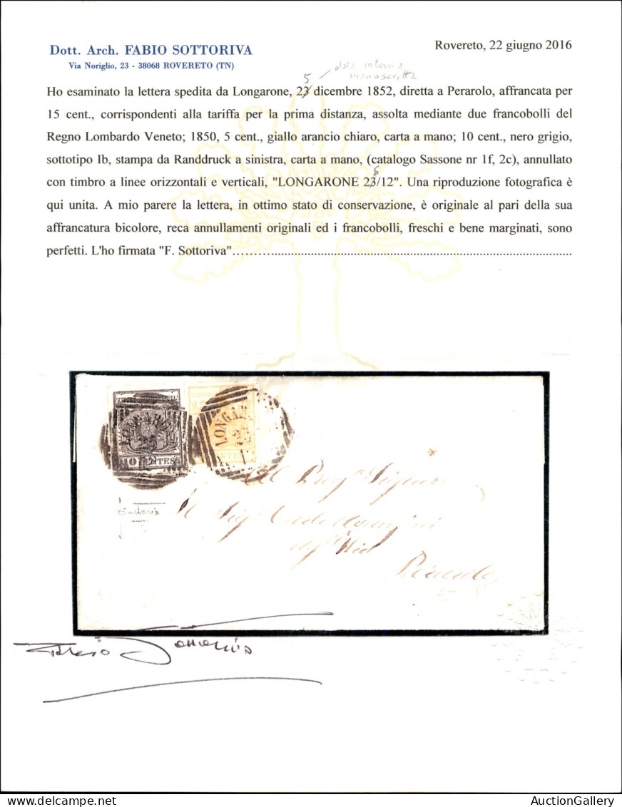 Antichi Stati Italiani - Lombardo Veneto - Longarone (P.ti 4) - 10 Cent (2c) + 5 Cent (1f) - Lettera Per Perarolo Del 23 - Otros & Sin Clasificación