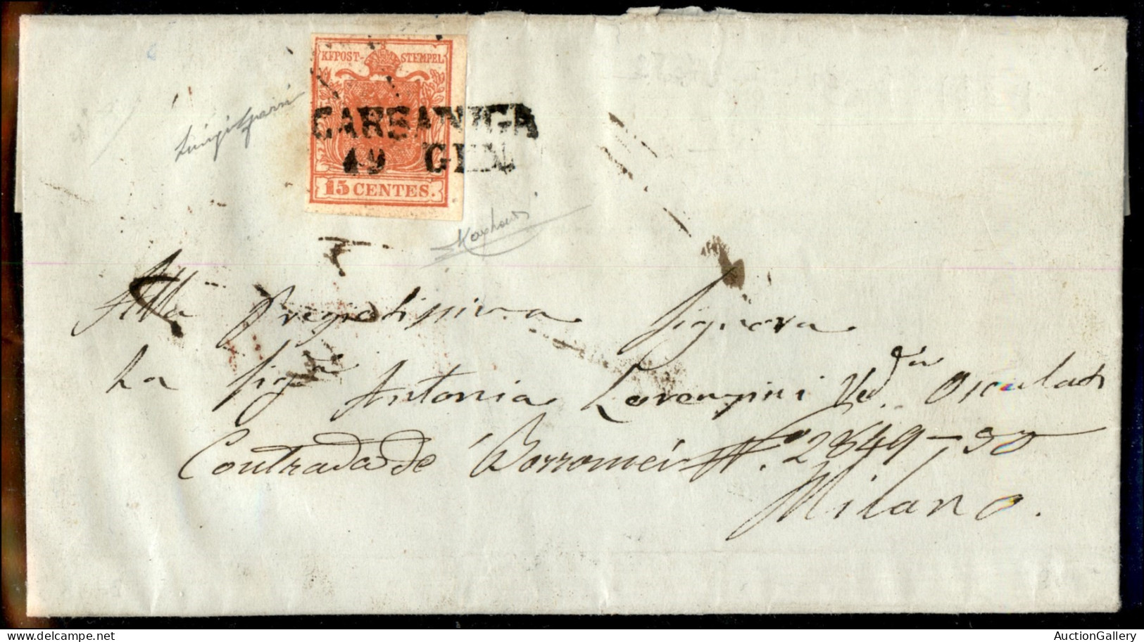 Antichi Stati Italiani - Lombardo Veneto - Carsaniga (P.ti 11) - 15 Cent (3) Su Lettera Per Milano Del 19.1.1851 - Cert. - Otros & Sin Clasificación