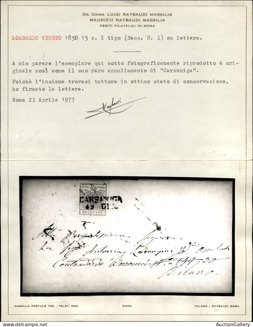Antichi Stati Italiani - Lombardo Veneto - Carsaniga (P.ti 11) - 15 Cent (3) Su Lettera Per Milano Del 19.1.1851 - Cert. - Autres & Non Classés