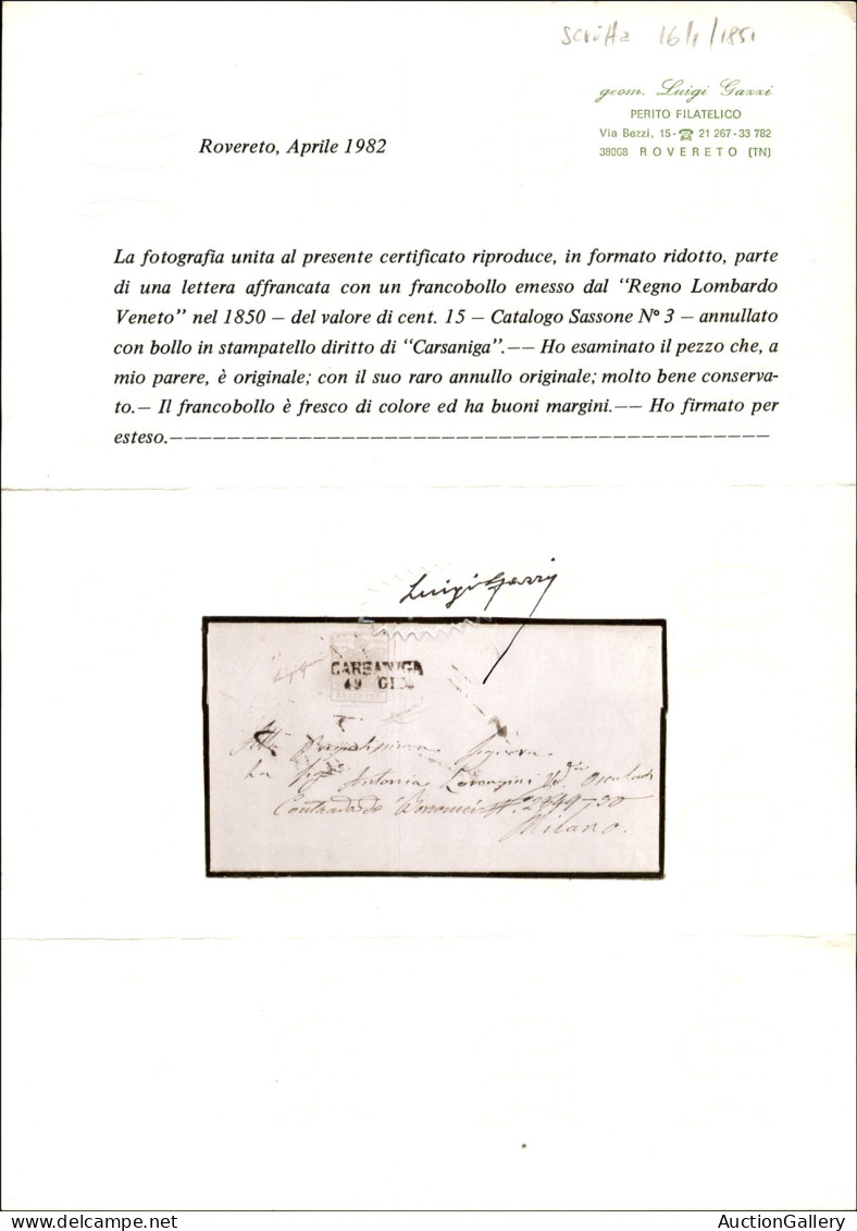 Antichi Stati Italiani - Lombardo Veneto - Carsaniga (P.ti 11) - 15 Cent (3) Su Lettera Per Milano Del 19.1.1851 - Cert. - Other & Unclassified
