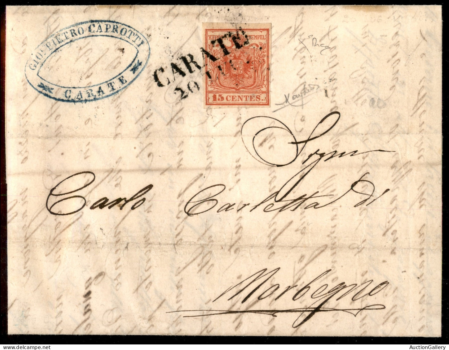 Antichi Stati Italiani - Lombardo Veneto - Carate (P.ti 13) - 15 Cent (3a) Su Lettera Per Morbegno Del 20.7.1850 - Rayba - Altri & Non Classificati