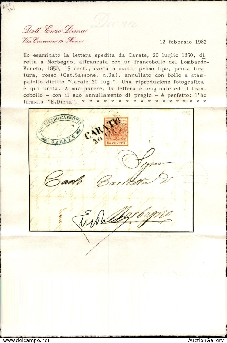 Antichi Stati Italiani - Lombardo Veneto - Carate (P.ti 13) - 15 Cent (3a) Su Lettera Per Morbegno Del 20.7.1850 - Rayba - Altri & Non Classificati