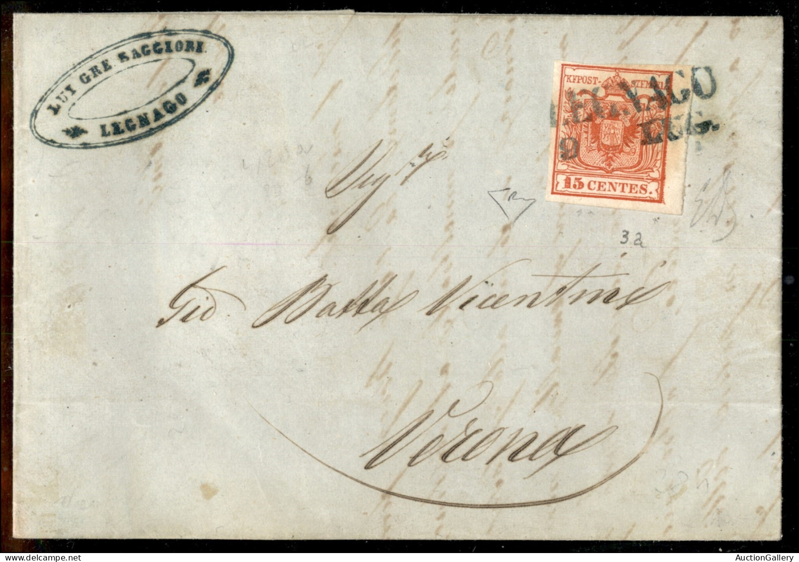 Antichi Stati Italiani - Lombardo Veneto - Legnago (azzurro - P.ti 12) - 15 Cent (3a) Bordo Foglio - Lettera Per Verona  - Otros & Sin Clasificación