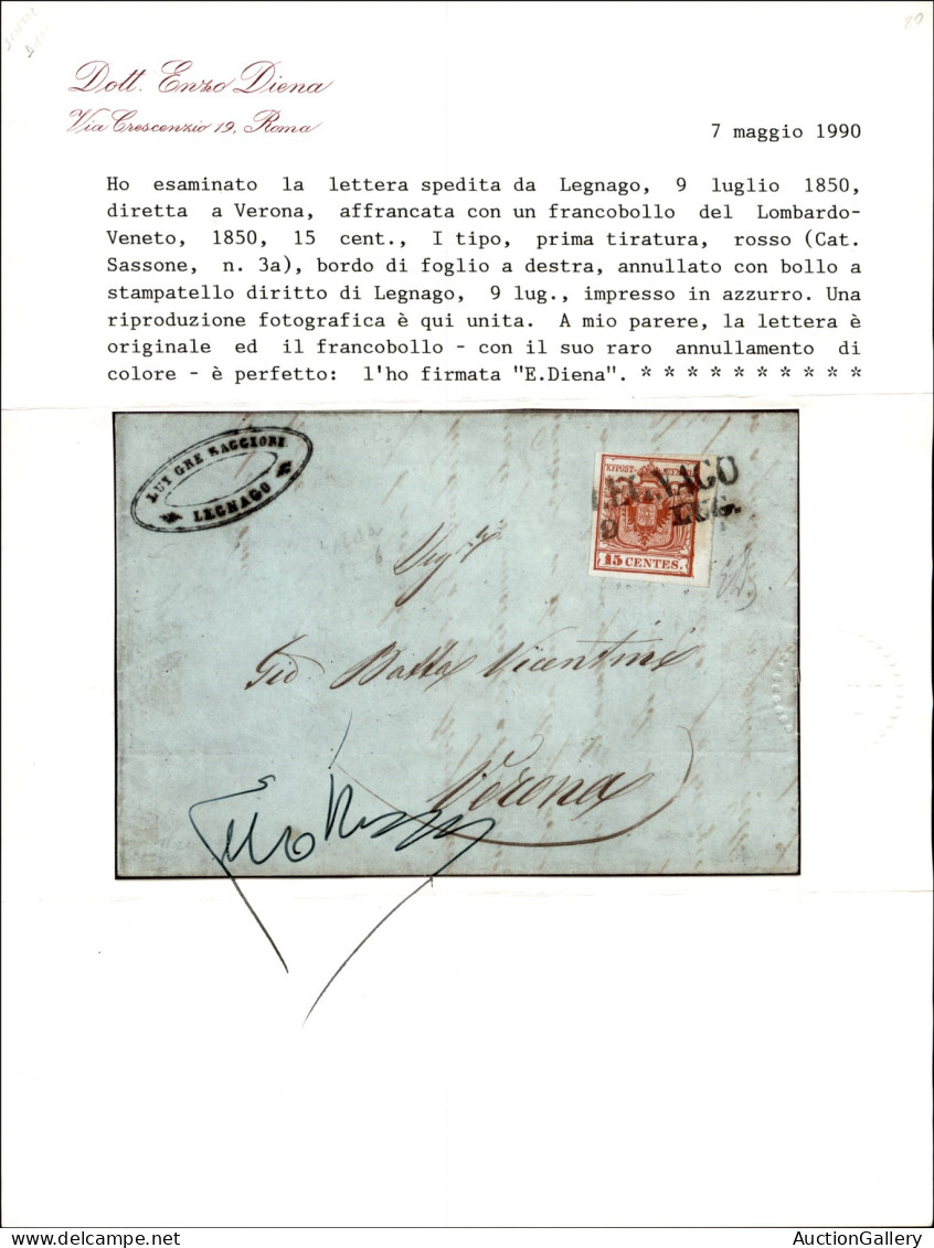 Antichi Stati Italiani - Lombardo Veneto - Legnago (azzurro - P.ti 12) - 15 Cent (3a) Bordo Foglio - Lettera Per Verona  - Otros & Sin Clasificación