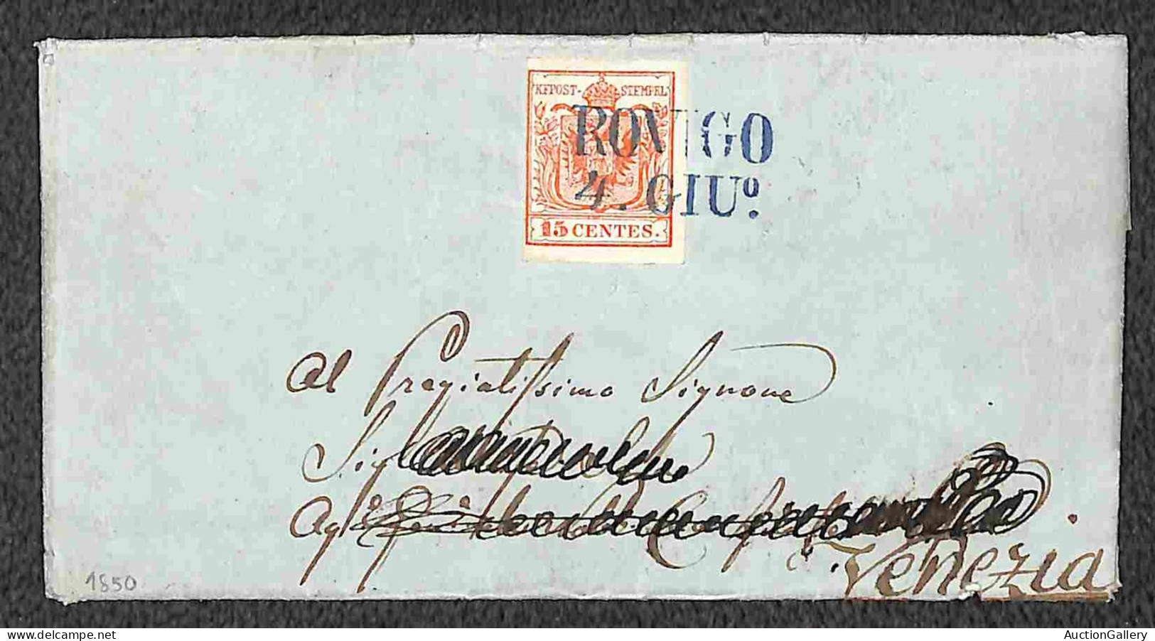 Antichi Stati Italiani - Lombardo Veneto - Rovigo (azzurro - P.ti 11) - 15 Cent (3a) Su Lettera Per Venezia Del 4.6.1850 - Otros & Sin Clasificación