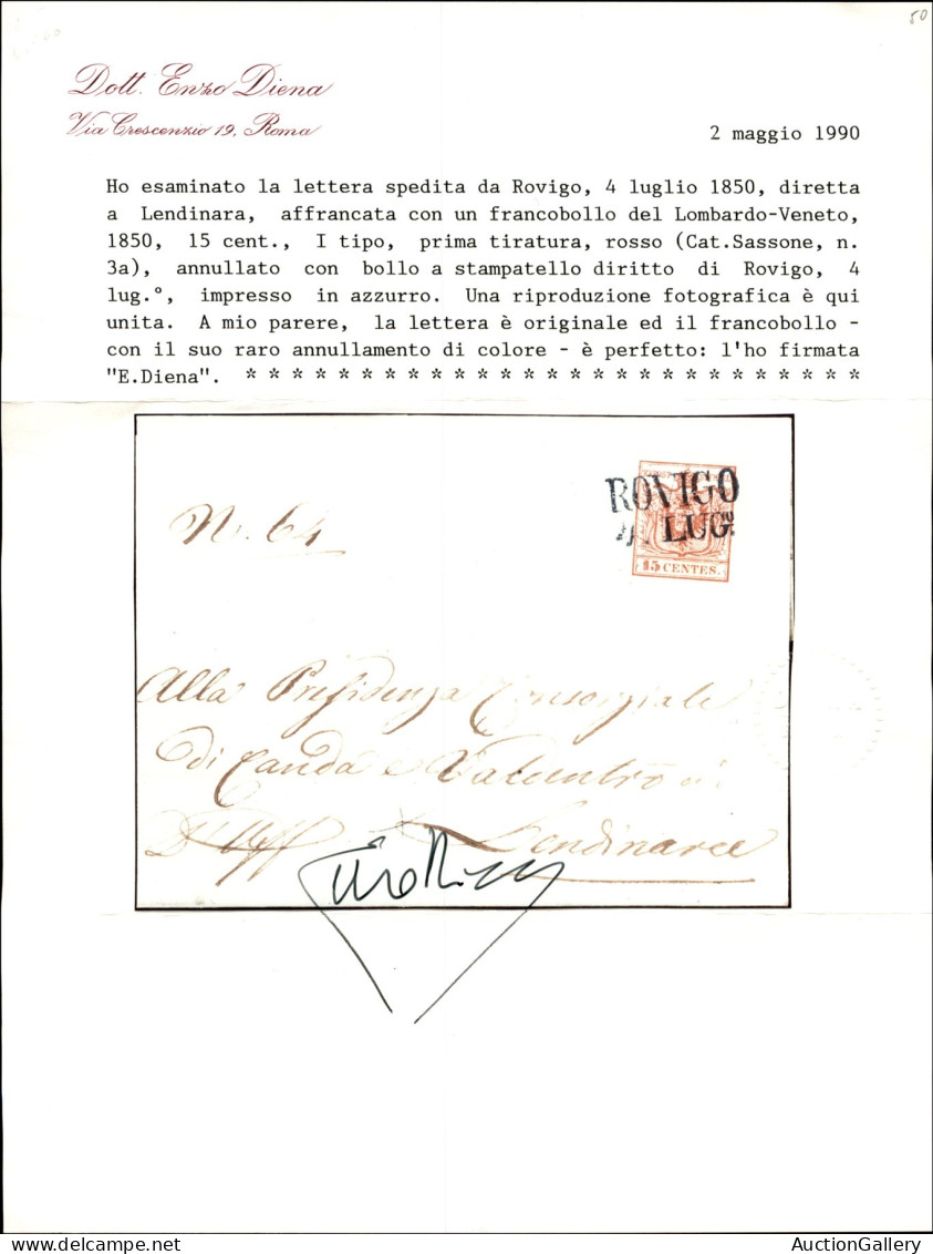 Antichi Stati Italiani - Lombardo Veneto - Rovigo (azzurro - P.ti 11) - 15 Cent (3a) Su Lettera Per Lendinara Del 4.7.18 - Sonstige & Ohne Zuordnung