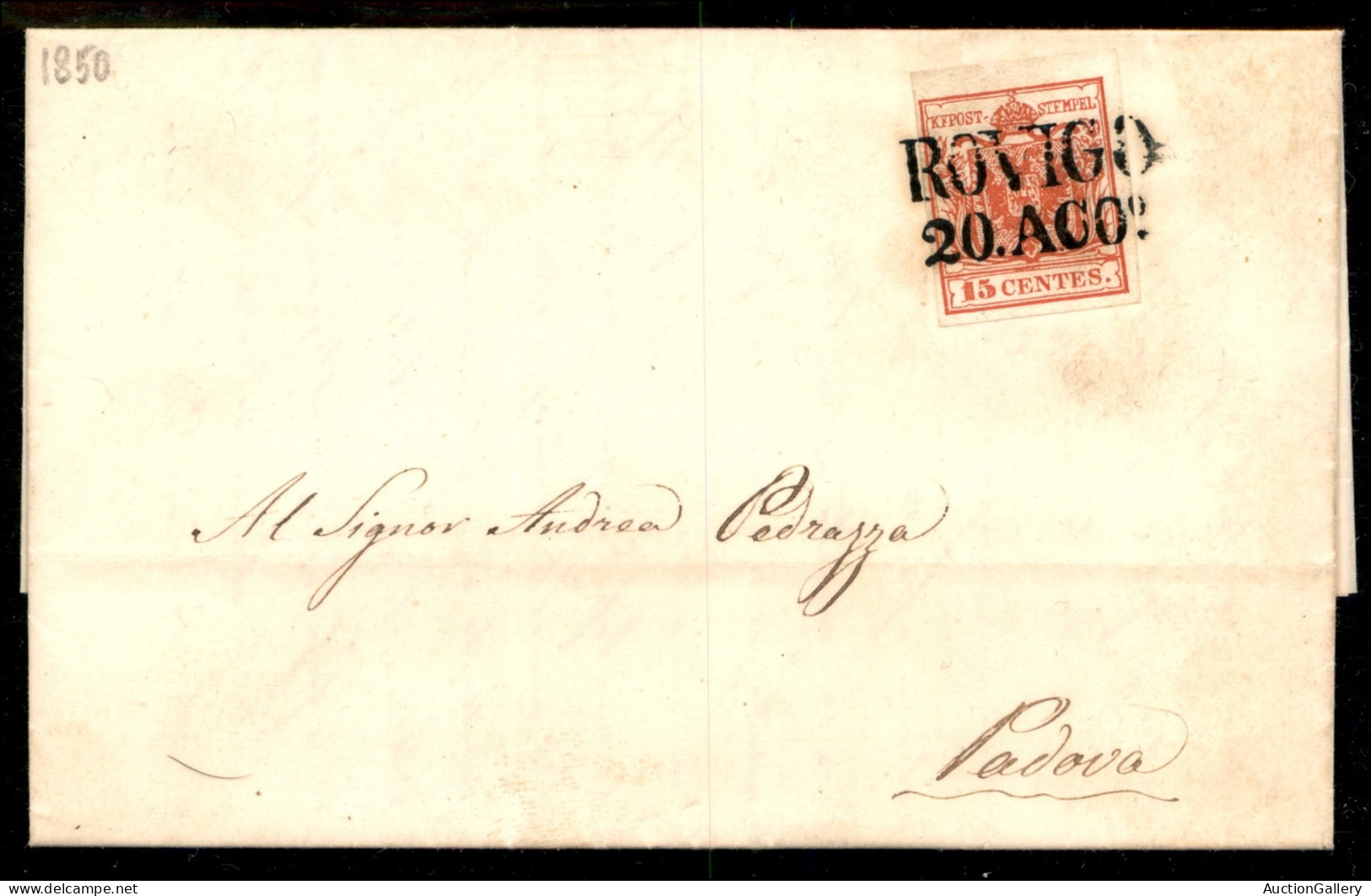 Antichi Stati Italiani - Lombardo Veneto - Fresca Lettera Da Rovigo 20.8 (1850) SD (P.ti 6) Affrancata Con 15 Cent Prima - Otros & Sin Clasificación