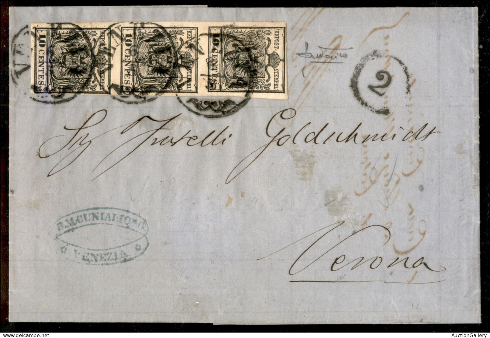 Antichi Stati Italiani - Lombardo Veneto - Striscia Verticale Di Tre Del 10 Cent (19 - Carta A Macchina) Su Lettera Da V - Autres & Non Classés