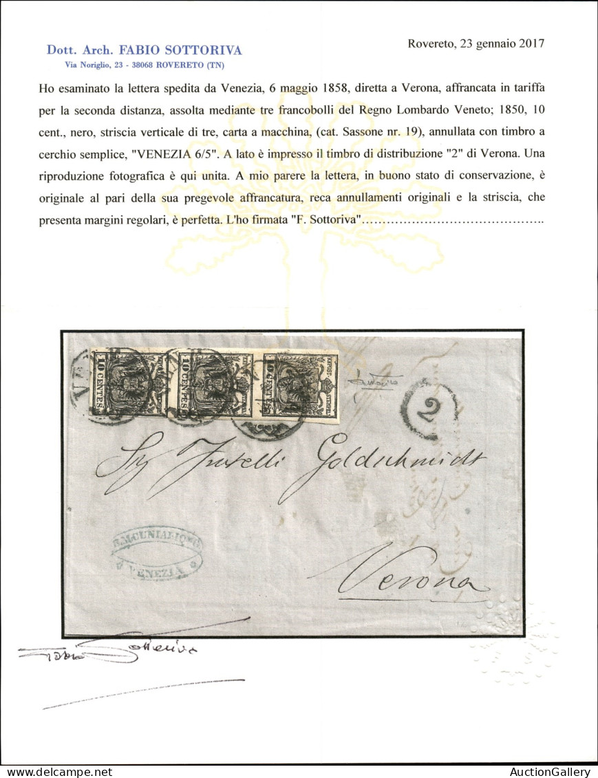 Antichi Stati Italiani - Lombardo Veneto - Striscia Verticale Di Tre Del 10 Cent (19 - Carta A Macchina) Su Lettera Da V - Other & Unclassified