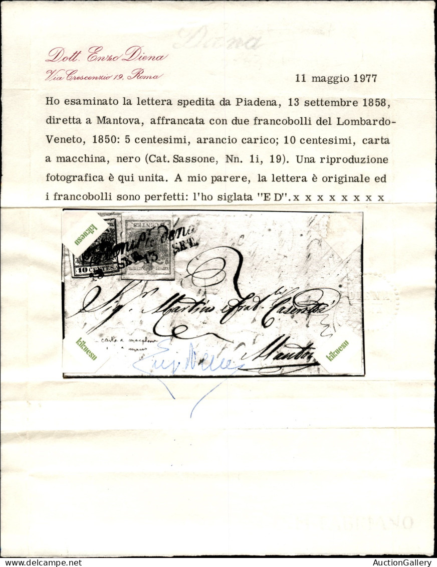 Antichi Stati Italiani - Lombardo Veneto - Piadena (P.ti 5) - 10 Cent (19) + 5 Cent Arancio Carico (1i) Applicati A Tete - Autres & Non Classés