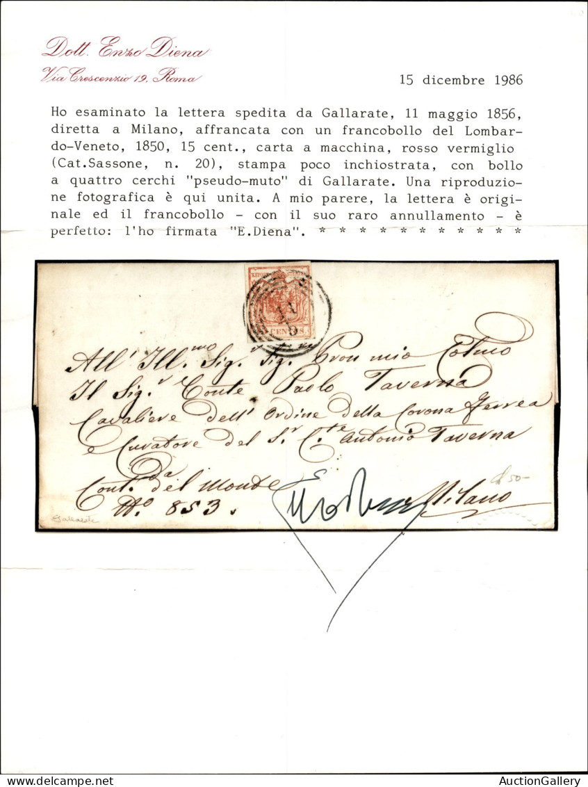 Antichi Stati Italiani - Lombardo Veneto - Muto Di Gallarate (P.ti 11) - 15 Cent (20) Su Lettera Per Milano Del 11.5.185 - Otros & Sin Clasificación