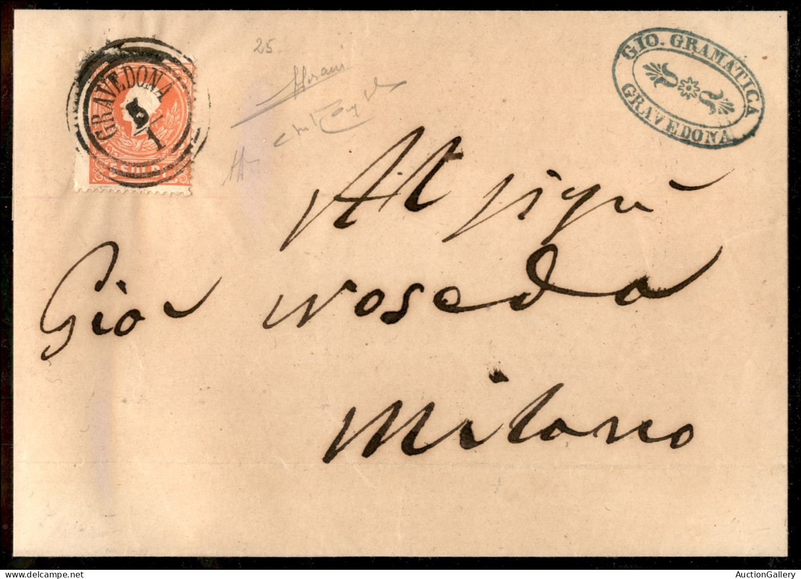 Antichi Stati Italiani - Lombardo Veneto - Gravedona (P.ti 9) - 5 Soldi (25) Su Lettera Per Milano Del 5.1.1859 - A. Die - Sonstige & Ohne Zuordnung