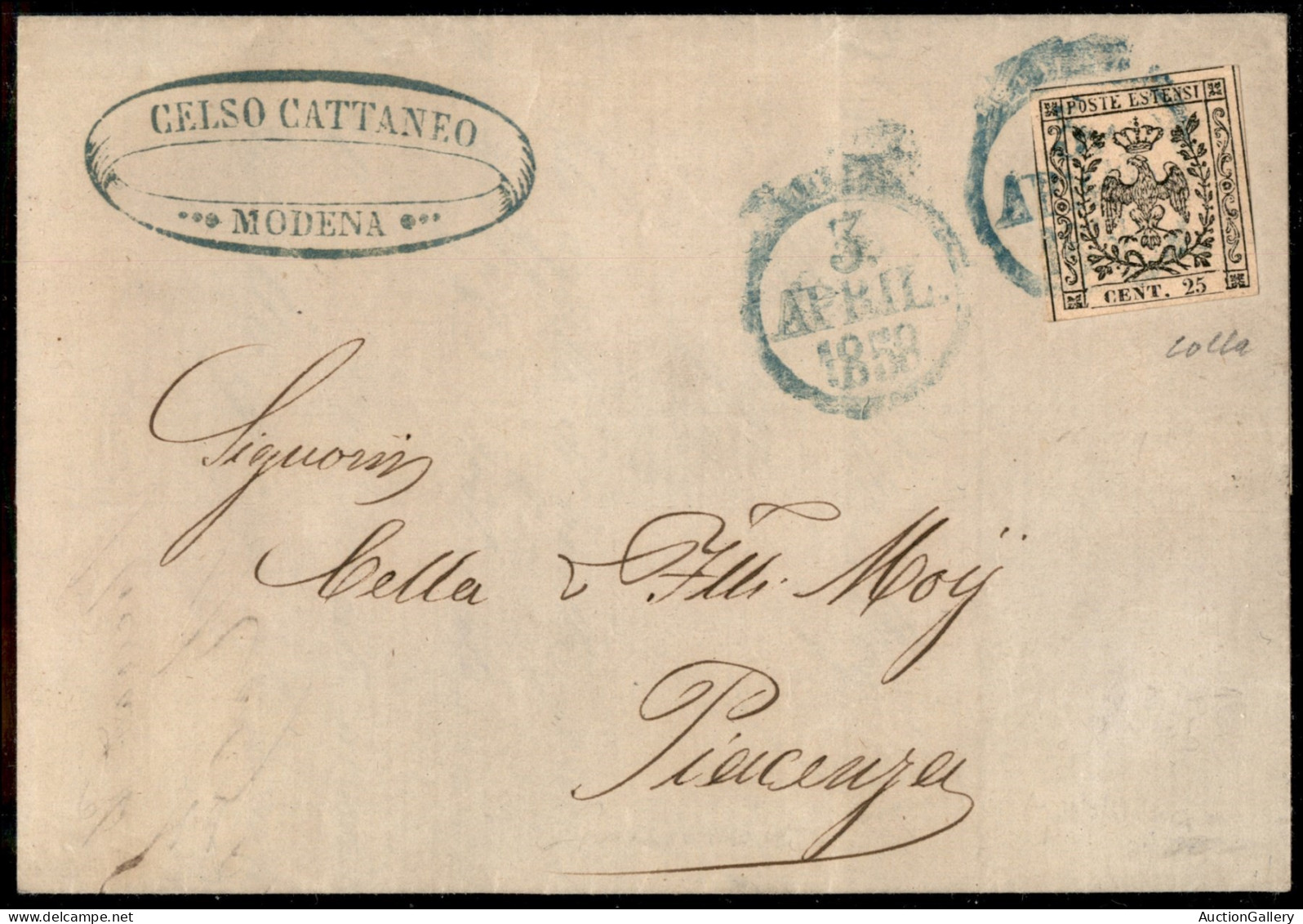 Antichi Stati Italiani - Modena - 25 Cent (4) Isolato Su Lettera Da Modena A Piacenza Del 3.4.1858 - Molto Bella - G. Co - Autres & Non Classés