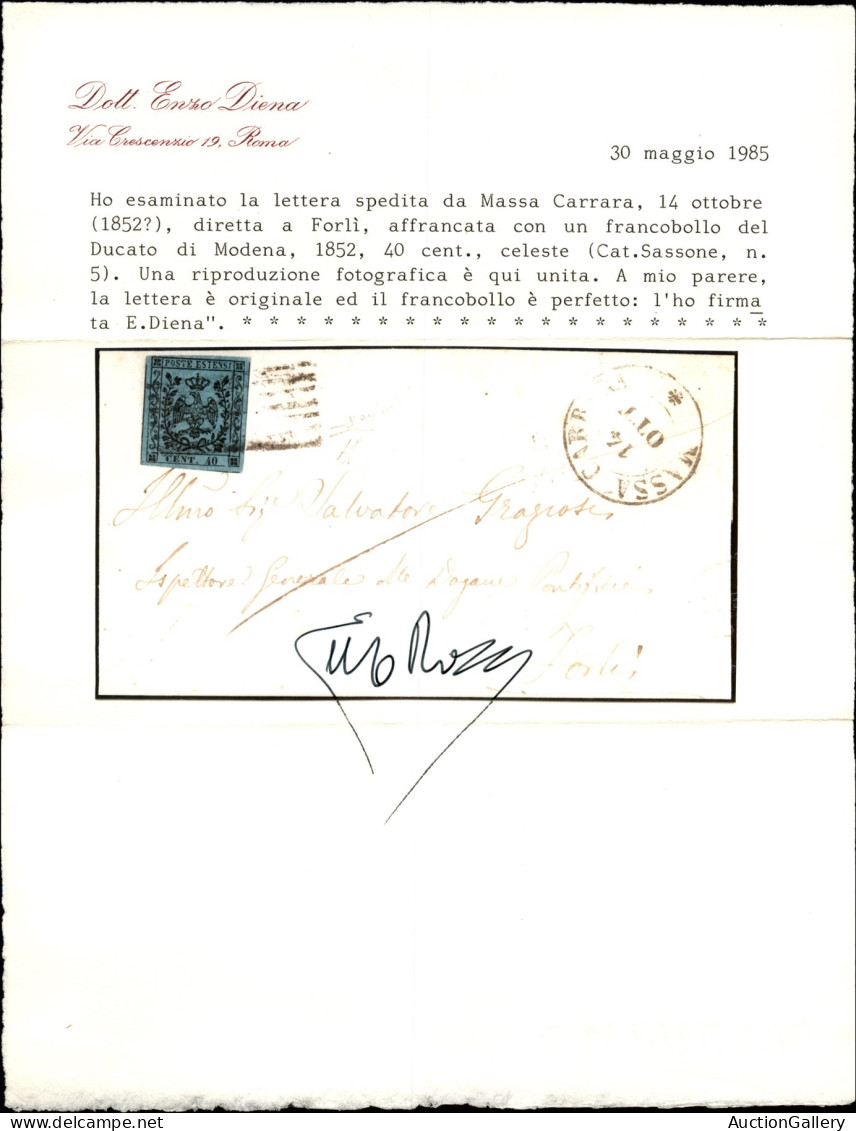 Antichi Stati Italiani - Modena - 40 Cent Celeste (5) Isolato Su Lettera Da Massa Carrara A Forlì Del 14.10. (1852) - Mo - Other & Unclassified