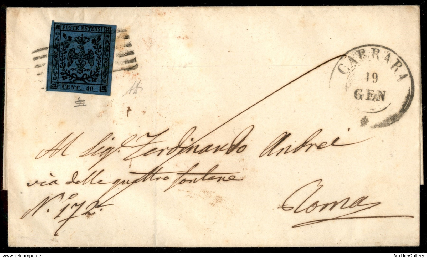 Antichi Stati Italiani - Modena - 40 Cent Azzurro (6) Isolato Su Lettera Da Carrara A Roma Del 19.1.1856 - A. Diena + L. - Other & Unclassified