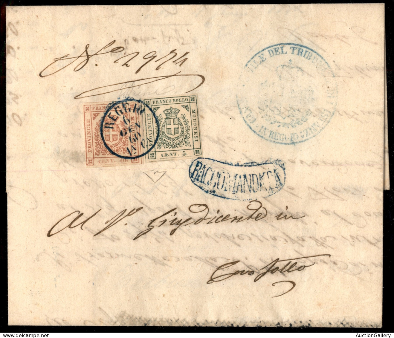 Antichi Stati Italiani - Modena - 40 Cent (17) + 5 Cent (12) - Raccomandata Da Reggio A Castelnuovo Di Sotto Del 6.1.186 - Otros & Sin Clasificación